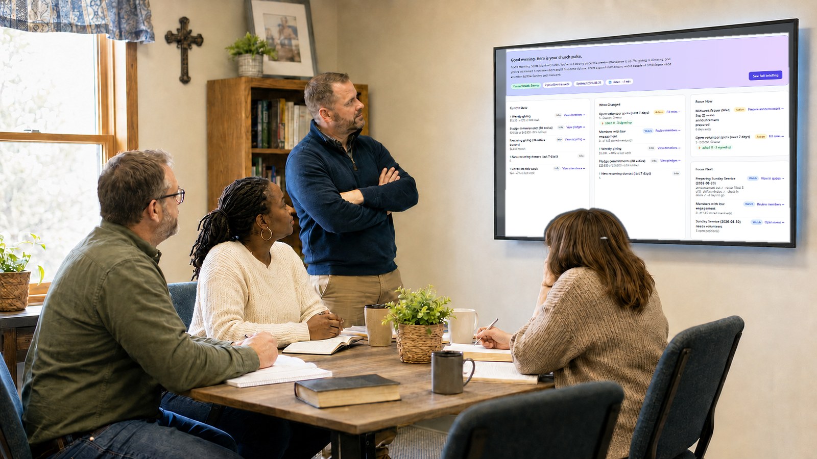 A church leadership team reviewing Church Pulse together on a wall-mounted TV